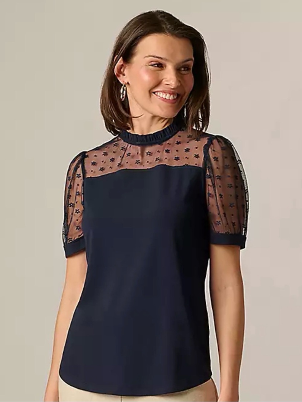 Adrianna Papell Black Sheer Floral Yoke Puff Sleeve Blouse